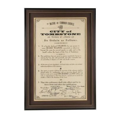 TOMBSTONE (1993) - Lot #1271 : Framed Key Cast-Autographed Production-Made City of Tombstone Common Counsel Laws Notice