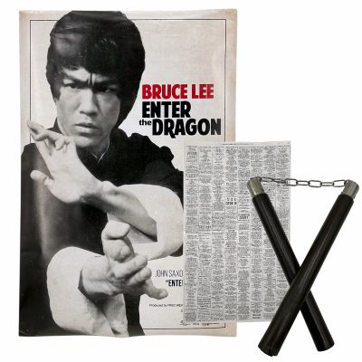 Lot 48: Tony Tony Production Used Bruce Lee Poster, Nunchuck & Newspaper | VIP Fan Auctions