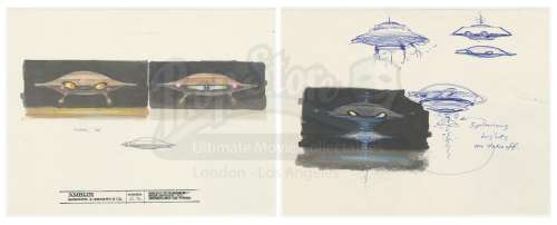 BATTERIES NOT INCLUDED (1987) - Lot 124 - Pair of Hand-drawn Ralph McQuarrie "Mom" Spaceship Illustration Sheets