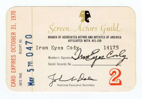 Iron Eyes Cody Signed Screen Actors Guild Card (1970) | Gotta Have Rock and Roll