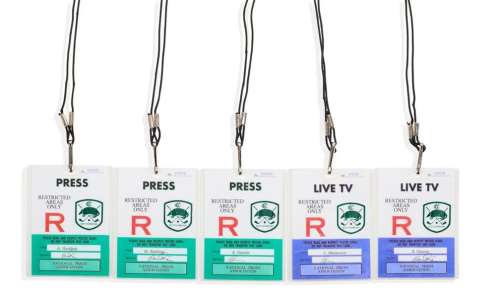 5 Prop Press Badges with Lanyards from Tin Cup | Studio Auctions