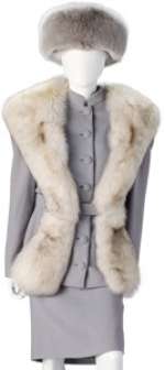 Joan Collins "Alexis Carrington" Peplum Belted Custom Suede Jacket, Fox Fur Shoulder Panel Wrap, Matching Gray Skirt and Fox ...