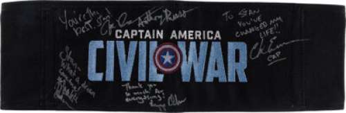 Captain America: Civil War (Marvel, 2016), Stan Lee‘s Director‘s Chair Back, with Inscriptions from Chris Evans, Scarlett Johansson, Elizabeth Olsen, and Joe & Anthony Russo.