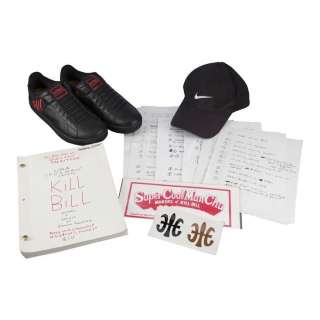 KILL BILL: VOL. 1 (2003) - Lot #1059 : Set of Printed Quentin Tarantino Production Notes with Annotated Script, Crew Placard, Crew Hat, and Royal Elastics ICON Shoes