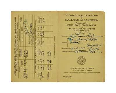 Katharine Hepburn - 1951 Thrice-Signed Vaccination Document Related to "The African Queen"