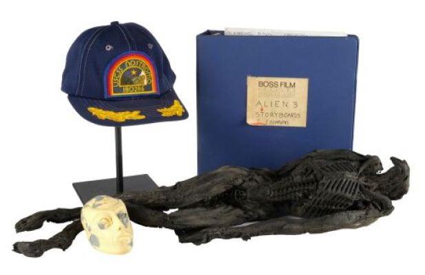 ALIEN - ALL ITEMS - Lot #454 : Alien3 Xenomorph Puppet and Storyboard Binder with Nostromo Hat Replica and Species Alien-Form Head Maquette