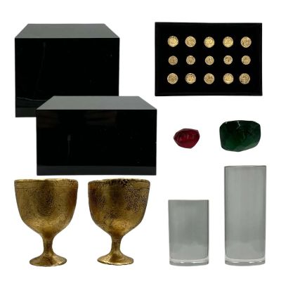 Lot 30: Play Dirty UN Press Conference Screen Used Tray W/ Coins, 2 Wine Goblet, 2 Base, 2 Crystal Cylinder & 2 Jewels | VIP Fan Auctions