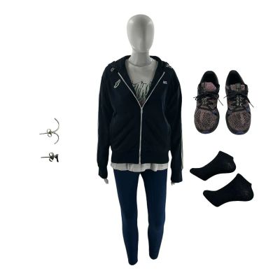 Lot 78: Oh What Fun Donna Screen Worn Mismatched Earring Set, Sneakers, Jacket, Leggings, LS Shirt & Socks Ch 2 Sc 38-53 | VIP Fan Auctions