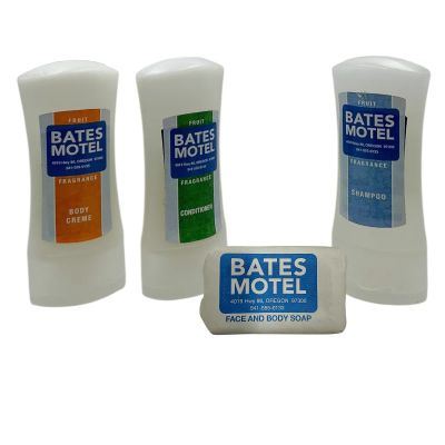 Lot 115: Bates Motel (2013-2017) Production Used Shampoo Bottle, Conditioner Bottle, Body Cream Bottle & Soap Bar | VIP Fan Auctions