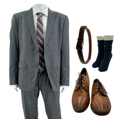 Lot 29: Mercy Chris Raven Screen Worn Stunt Double Suit Jacket, Shirt, Suit Pants, Tie, Belt, Socks & Shoes Ch 20 Sc 38, 39 | VIP Fan Auctions