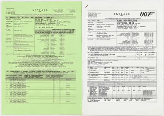 James Bond Skyfall, two multi page call sheets from 2012, number 42 and 91. | Ewbank’s