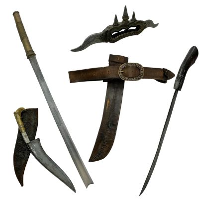 Lot 137: The Bluff Ercell Screen Used Rubber Tactical Sword, Rubber Machete & Belt, Rubber Knuckle Duster & Knife Sheath | VIP Fan Auctions