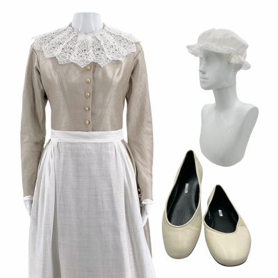 Lot 30: Wuthering Heights Thrushcross Grange Maid Deleted Scene Dress, Collar, Apron, Bonnet & Shoes | VIP Fan Auctions