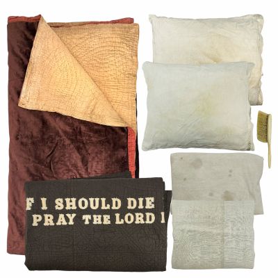 Lot #41: Wuthering Heights Young Cathy (Charlotte Mellington) Screen Used Quilt, Blanket, Sheet, Bedding, (2) Pillows & Hair Brush