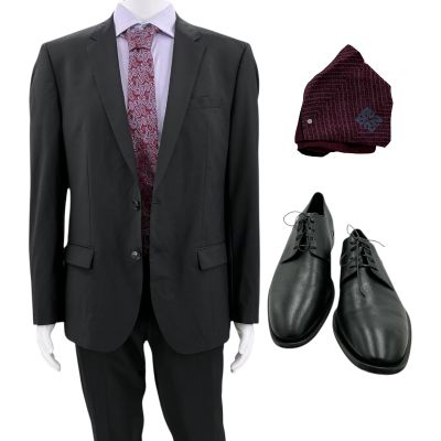 Lot 214: Poker Face Season 2 Matt Passmore (Matt Passmore) Screen Worn Casual Suit, Button-Up Shirt, Tie, Handkerchief & Dress Shoes Ch 2 Ep 204 | VIP Fan Auctions