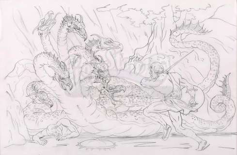 JASON AND THE ARGONAUTS (1963) - Lot 326 - Hand-Drawn Ray Harryhausen Concept Sketch of Jason (Todd Armstrong) Battling the Hydra