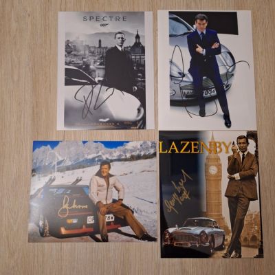 James Bond - 4 x 007 Actor photo with film Cars signed by Daniel Craig, Pierce Brosnan, Roger Moore (+) & George Lazenby | Catawiki