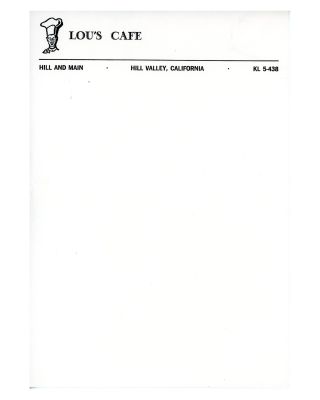 "Back to the Future" Lou’s Cafe Letterhead | Planet Hollywood Vault