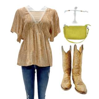 Maggie White Jessi Case Screen Worn Short Sleeve Shirt, Tank Top, Zip-Front Pants, Earrings, Clutch Purse & Boots Ch 3 Sc 22-241 | VIP Fan Auctions