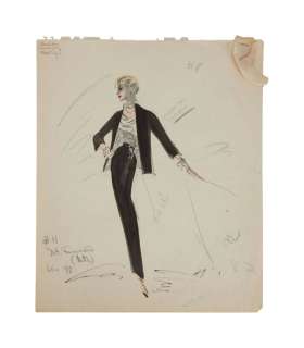 Lot 246 - Kay Thompson | "Funny Face" Edith Head Fashion Show Sequence Costumes Design Illustration with Fabric Swatch and DVD