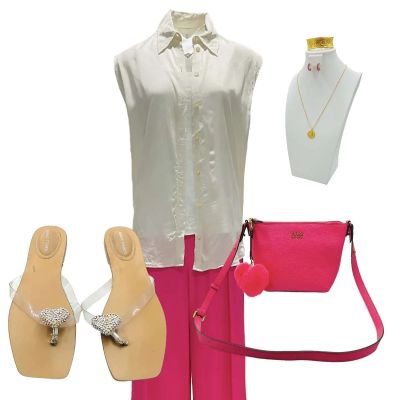 Blink Twice Stacy Screen Worn Button-Front Shirt, Tank Top, Pants, Necklace, Bracelet, Earrings, Purse & Sandals Ch 4 Sc 88-148 | VIP Fan Auctions