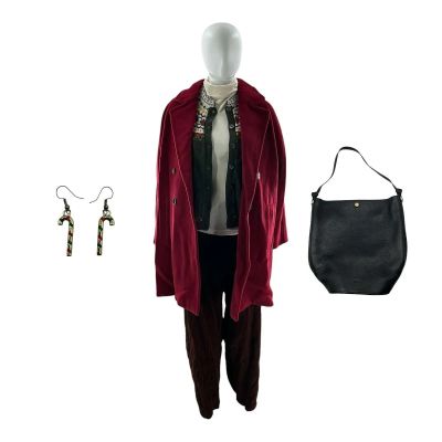 Lot 72: Oh What Fun Claire Clauster Screen Worn Earrings, Coat, Pants, Purse, Ls Shirt & Cardigan Ch 3 Sc 37-61 | VIP Fan Auctions