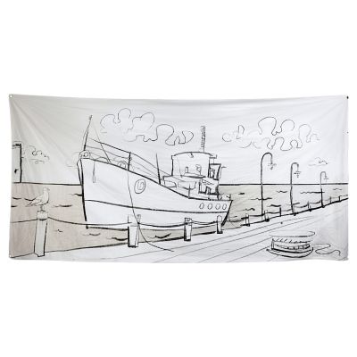 Lot 60: Eternity Joan (Elizabeth Olsen) Screen Used Naval Dock With Boat Backdrop | VIP Fan Auctions