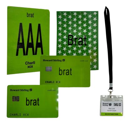 Lot 47: The Moment Charli XCX (Charli XCX) Production Used (2) Brat Credit Cards, Backstage Pass & (2) Brat Tags | VIP Fan Auctions