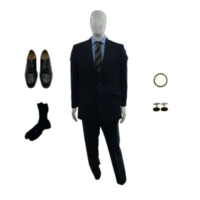 Tom Clancy’s Jack Ryan Ghost War M16 Chief Arnold Screen Worn 2 Piece Suit, Shirt, Tie, Dress Shoes, Socks, Ring & (2) Cufflink Set Ch 1 Sc 103-134 | VIP Fan Auctions