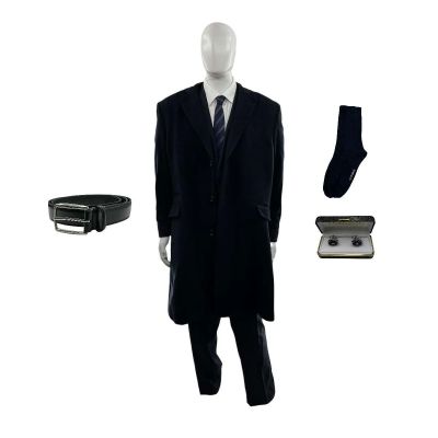 Tom Clancy’s Jack Ryan Ghost War James Greer Production Worn Coat, Suit Jacket, Suit Trousers, Button-Up Shirt, Belt, Socks, Tie, Pocket Square & Cufflink Set Ch 4 Sc 79-92apt | VIP Fan Auctions