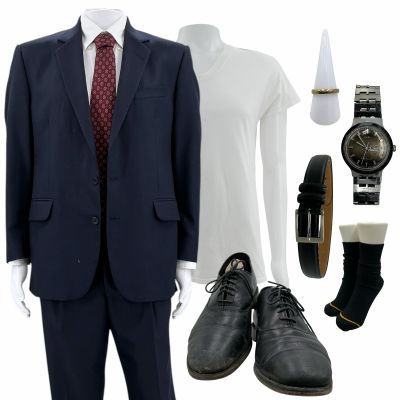 Lot 210: Dark Waters Rob Bilott (Mark Ruffalo) Screen Worn Casual Suit, Button-Up Shirt, T-Shirt, Tie, Belt, Watch, Wedding Band, Socks & Dress Shoes Ch 1 & 4 | VIP Fan Auctions