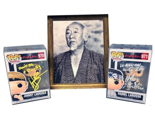 Lot 64 - Cobra Kai (2018-2023) - Mr. Miyagi Prop Photo with Two Autographed Funko Pops
