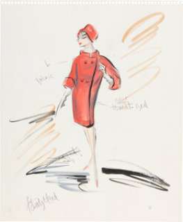Audrey Hepburn "Holly Golightly" Costume Sketch for Red Shopping Trip Ensemble by Edith Head for Breakfast at Tiffany‘s (Paramount, 1961).