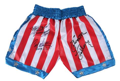 ROCKY IV (1985) - Lot 843 - Sylvester Stallone, Dolph Lundgren and Carl Weathers Autographed Promotional Trunks