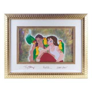Tarzan (1999) - Lot 1663 - Phil Collins, Minnie Driver, and Tony Goldwyn-Signed Framed "Discovery Of Love" Character Sericel No. 131/375 with Lithograph Background