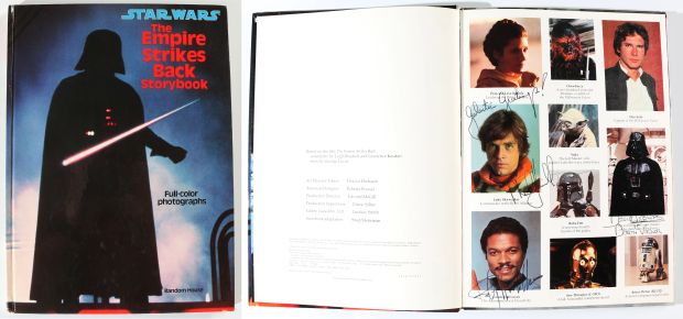 Mark Hamill as Luke Skywalker, Dave Prowse as Darth Vader, & Billy Dee Williams as Lando Calrissian in Star Wars: The Empire Strikes Back Vintage Signed Storybook with Character Name & Quote | SWAU