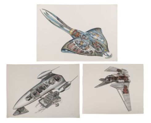 STAR WARS EPISODE I: INCREDIBLE CROSS-SECTIONS (1999)/STAR WARS: REVENGE OF THE SITH INCREDIBLE CROSS-SECTIONS (2005) - Lot #382 : Richard Chasemore Collection: Hand-Illustrated and Painted "Padme‘s Queen Ship", "Gungan Sub", and "Palpatine‘s Shuttle" Artwork for Incredible Cross-Sections Books
