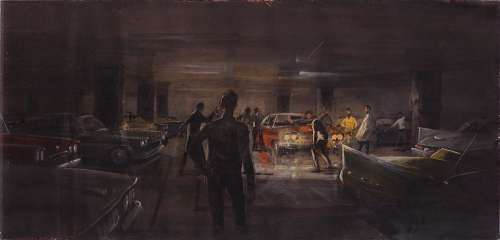 Lot 602 - WEST SIDE STORY UNATTRIBUTED SCENE CONCEPT PAINTING OF JETS/ SHARKS CONFRONTATION