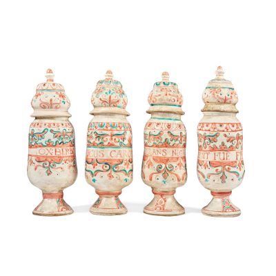 Lot 188 - A collection of four large polychrome decorated clay apothecary jars Season 2, Episode 3, ’Useful Occupations and Deceptions’, for Master Raymond’s Apothecary Set | Bonhams
