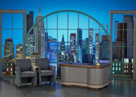 David Letterman’s Home Base Interview Desk, Dimensional Skyline Buildings, Elevated Train Track Low Wall, Set Elements, and R... | Heritage