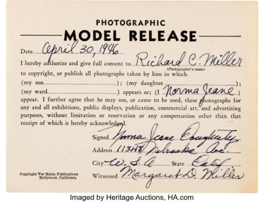 Marilyn Monroe (Norma Jeane Dougherty) Rare Early Signed Model Release from Iconic 1946 Photoshoot with Richard Miller. | Heritage
