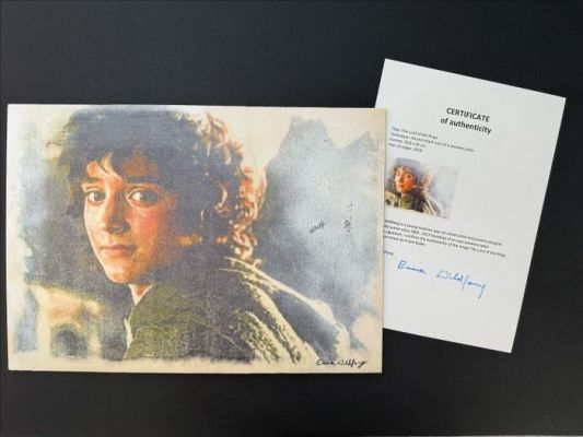 Emma Wildfang - 1 Original drawing - The Lord of the Rings - Elija Wood - Ink and Chark Coal on a Wooden Plate (incl. Certificate) - 2018 | Catawiki