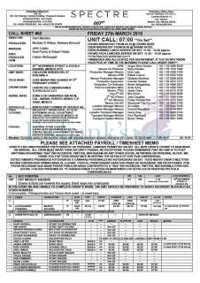 James Bond Spectre (2015) 122 Call Sheets for the entire main unit shoot from… | Ewbank’s