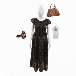 Heels Staci Spade Alison Luff Screen Worn Seed Bead Triangle Earrings, Wedge Espadrilles, Basket Weave Handbag & Criss Cross Back Maxi Dress Ch 2 Sc 9,11 Ep 205 | VIP Fan Auctions