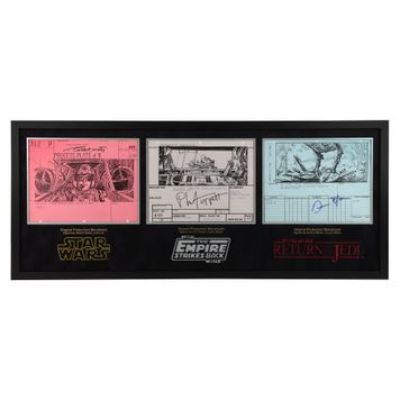 Star Wars: Original Trilogy | Original Production Triple Storyboard Display Autographed by Robert Watts, Phil Tippett and Dennis Muren | Propstore (Buy Now)
