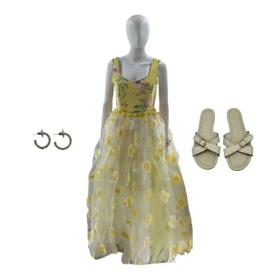 MERV Jocelyn Screen Worn Bracelet, Yellow Patterned Dress, Earrings, Shoes & Skirt Ch 2 Sc 60-112.2 Photo | VIP Fan Auctions