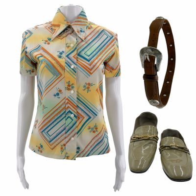Lot 230: Poker Face Season 2 Charlie Cale Screen Worn Stunt Double Button-Up Shirt, Belt & Flats Ch 1 Sc 36 Ep 205 | VIP Fan Auctions