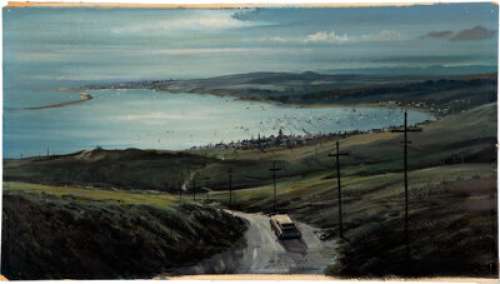 Albert Whitlock Concept Painting of "Bodega Bay" for Alfred Hitchcock‘s The Birds (Universal, 1963).