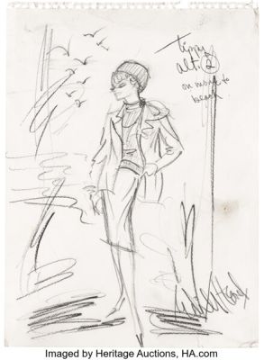 The Birds (Paramount, 1963), Tippi Hedren "Melanie Daniels" Pair of Iconic Green Skirt Suit Costume Sketches. | Heritage