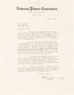Dracula (Universal, 1931), Historic 1930 Typed Letter Signed by Carl Laemmle Sr. Concerning Potential Interest in Dracula as a Film Property, Together with 5-pg Typed Story Synopsis and (2) Studio Transmittal Envelopes. | Heritage
